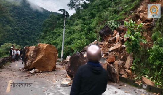 ढुङ्गा खसेर पृथ्वी राजमार्गमा अवरोध