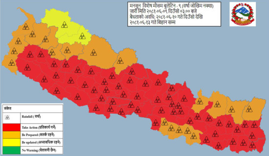 बिहीबारदेखि  देशभर मौसम बदली : ५६ जिल्ला उच्च जोखिममा