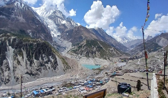 मनाङ गाउँको पृष्ठभूमिमा गङ्गापूर्ण हिमाल, ग्लेसियर र ताल