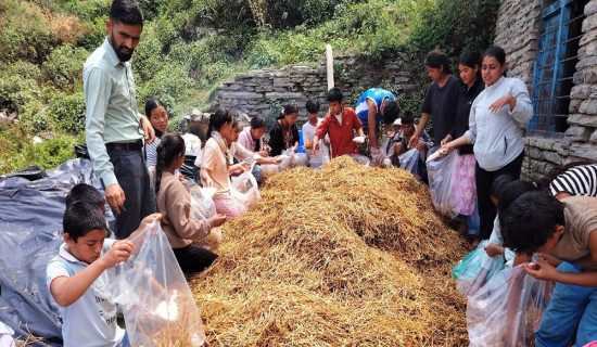 विद्यार्थीलाई च्याउ खेती सिकाइँदै