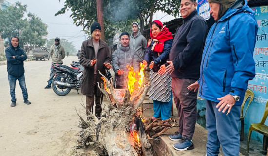 शीतलहरबाट जनजीवन प्रभावित हुनथालेपछि चोकचोकमा दाउरा बाल्न थालियो