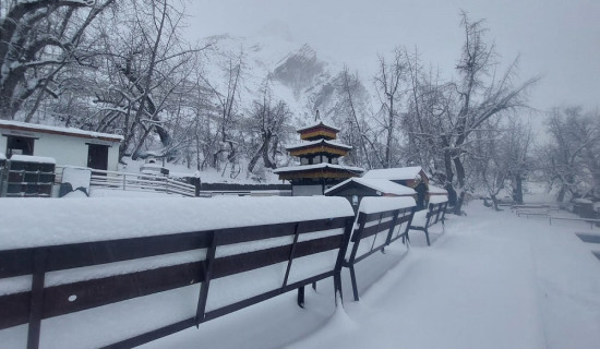हिउँले छपक्क छोपेको मुक्तिनाथ मन्दिर