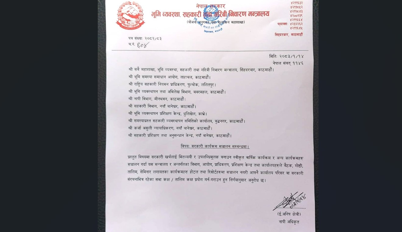 भूमि मन्त्रालयका कार्यक्रम होटेल र रिसोर्टमा गर्न रोक