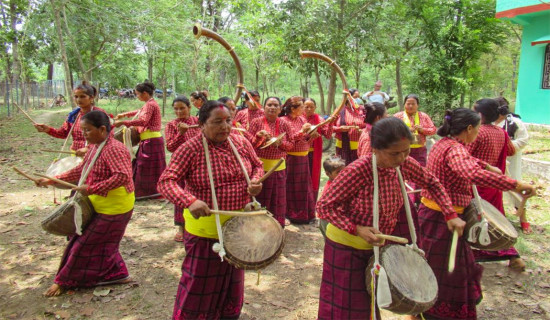 परम्परा जोगाउन पञ्चेबाजा बजाउँदै महिला